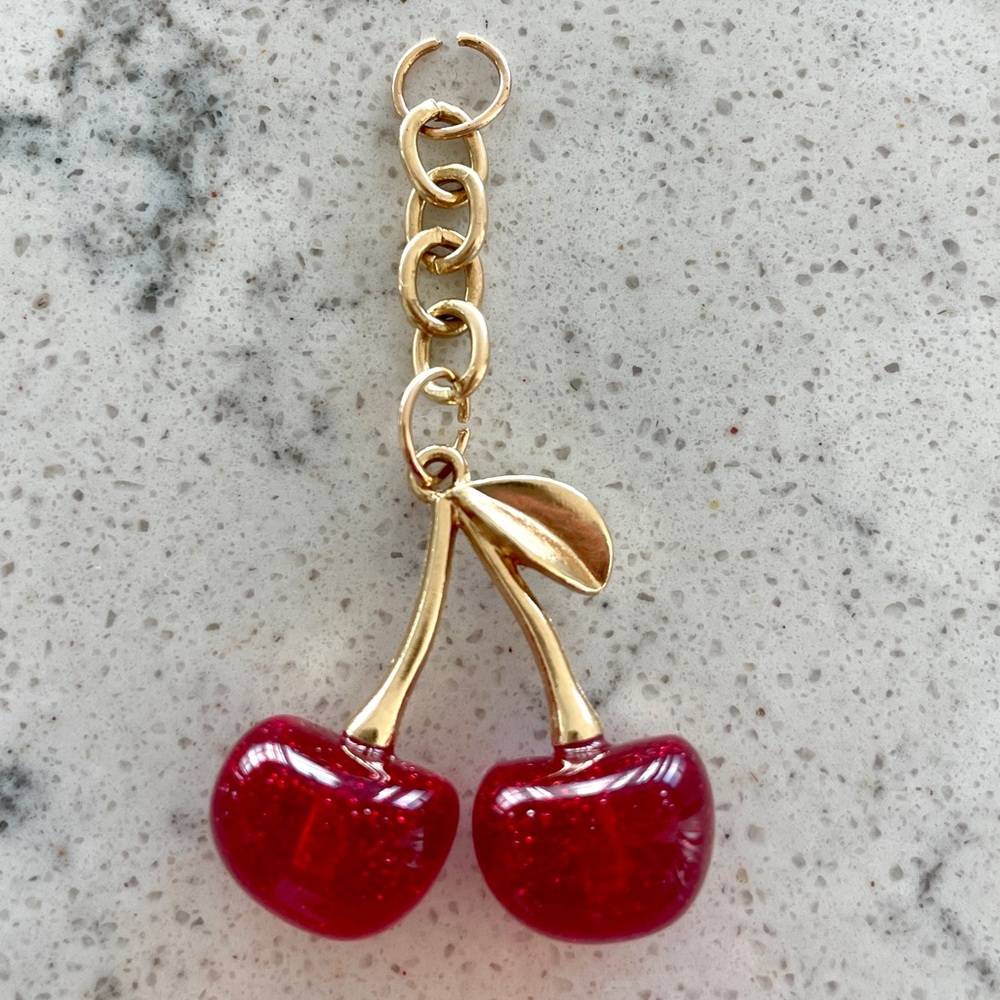 Gold Cherry Drop Keychain Charm with Red Cherries